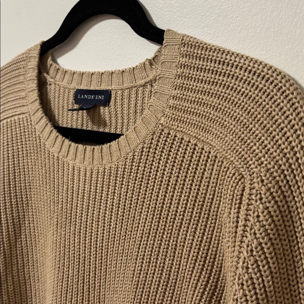 LANDS' END (L) Cotton Drifter Saddle Crewneck Shaker Sweater Tan - Picture 4 of 8